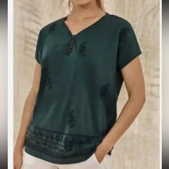 J. Jil PureJill Embroidered Buttoned Short Sleeve V-Neck Top 100% Cotton Relaxed - Picture 1 of 12